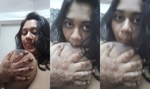 Horny Desi girl Sucking Her Big Boobs